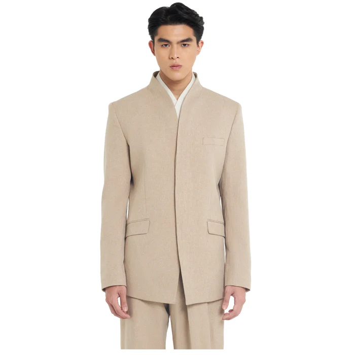 BEIGE COLLARLESS BLAZER