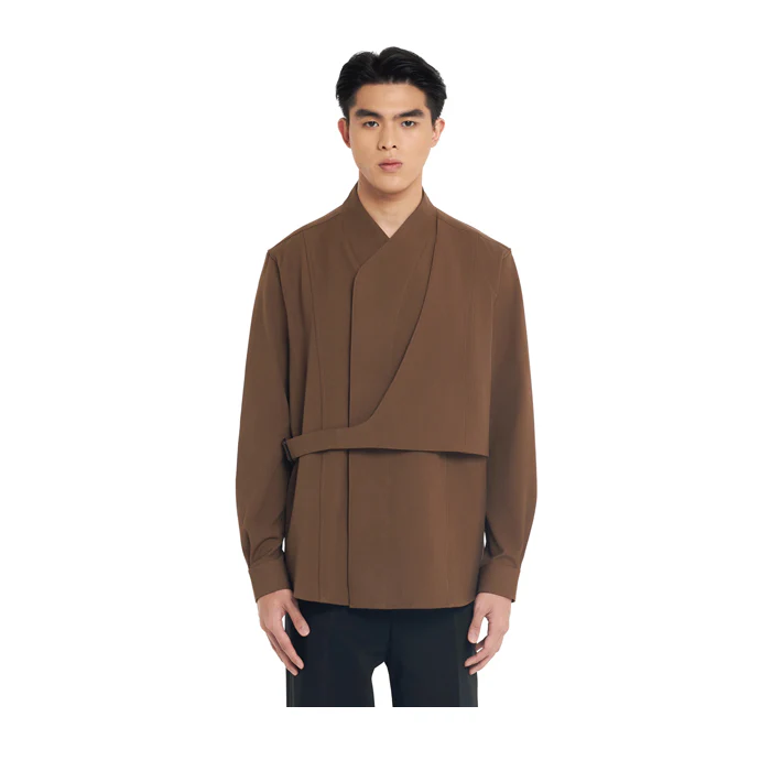 BROWN COLLARLESS SHIRT WITH LAYERED VEST LONGSLEEVES