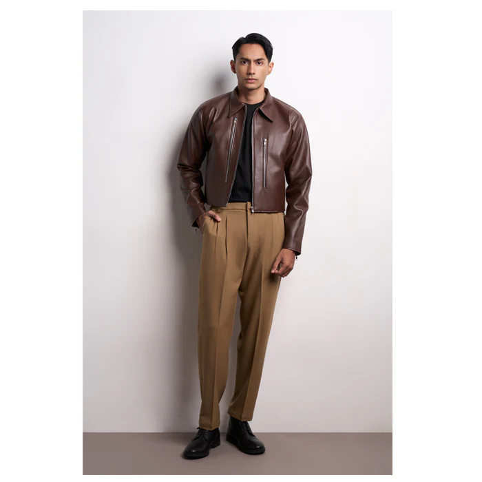BROWN LEATHER ZIPPER FIT JACKET - Image 3