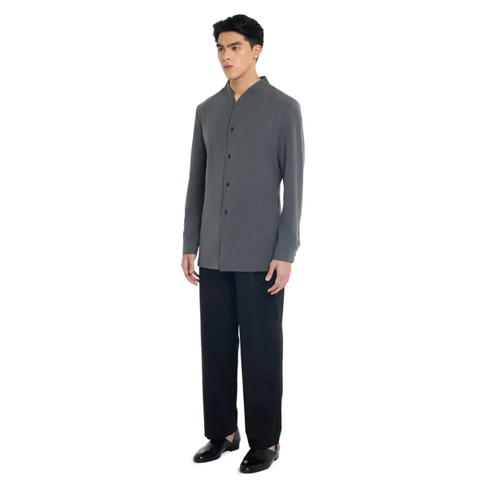 DARK GREY COLLARLESS LONG-SLEEVE SHIRT WITH VISIBLE BUTTONS – SLIM FIT - Image 3