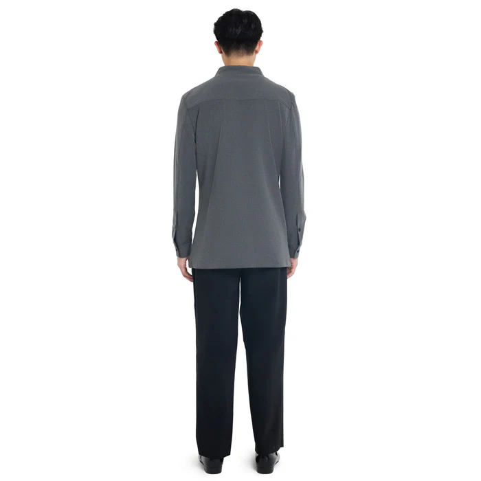 DARK GREY COLLARLESS LONG-SLEEVE SHIRT WITH VISIBLE BUTTONS – SLIM FIT - Image 4