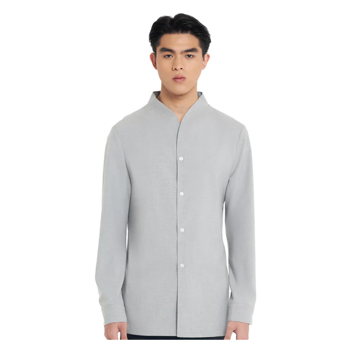 LIGHT GREY COLLARLESS LONG-SLEEVE SHIRT WITH VISIBLE BUTTONS – SLIM FIT