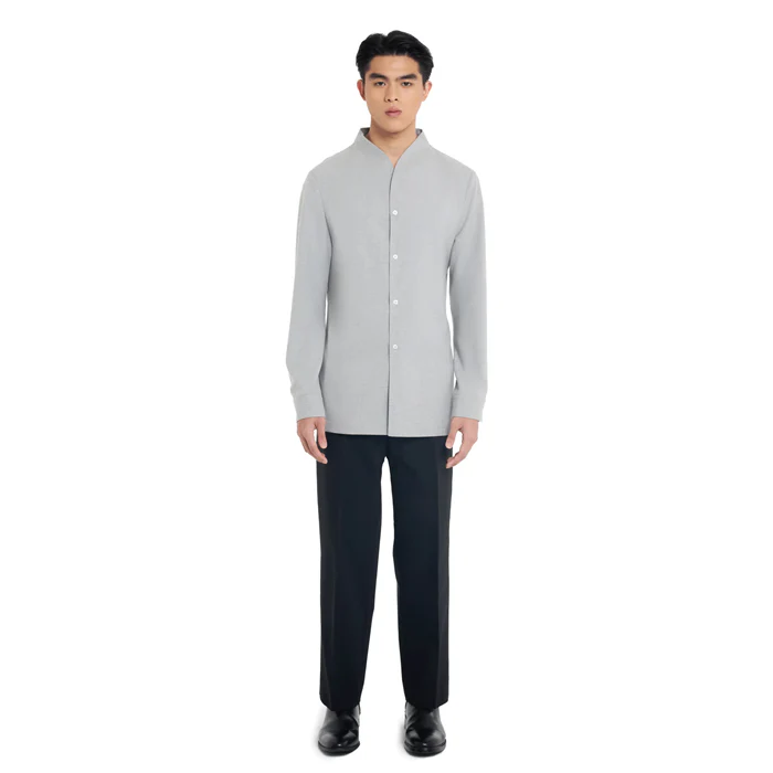 LIGHT GREY COLLARLESS LONG-SLEEVE SHIRT WITH VISIBLE BUTTONS – SLIM FIT - Image 2