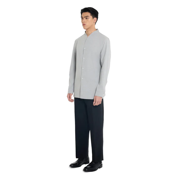 LIGHT GREY COLLARLESS LONG-SLEEVE SHIRT WITH VISIBLE BUTTONS – SLIM FIT - Image 3