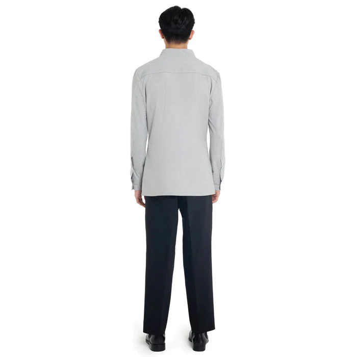 LIGHT GREY COLLARLESS LONG-SLEEVE SHIRT WITH VISIBLE BUTTONS – SLIM FIT - Image 4