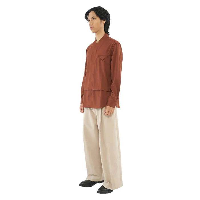 TERRACOTTA COLLARLESS SHIRT WITH PLEATS AND POCKET JS - Image 3